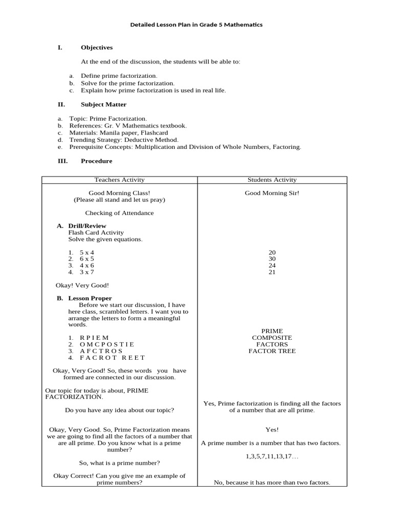 Prime Factorization Lesson Plan for Grade 5 | PDF | Prime Number ...