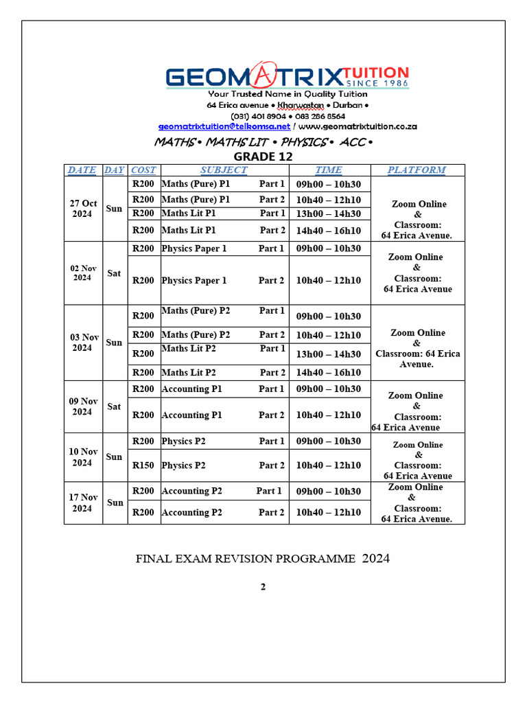 2024 Final Exam Revision Schedule | PDF