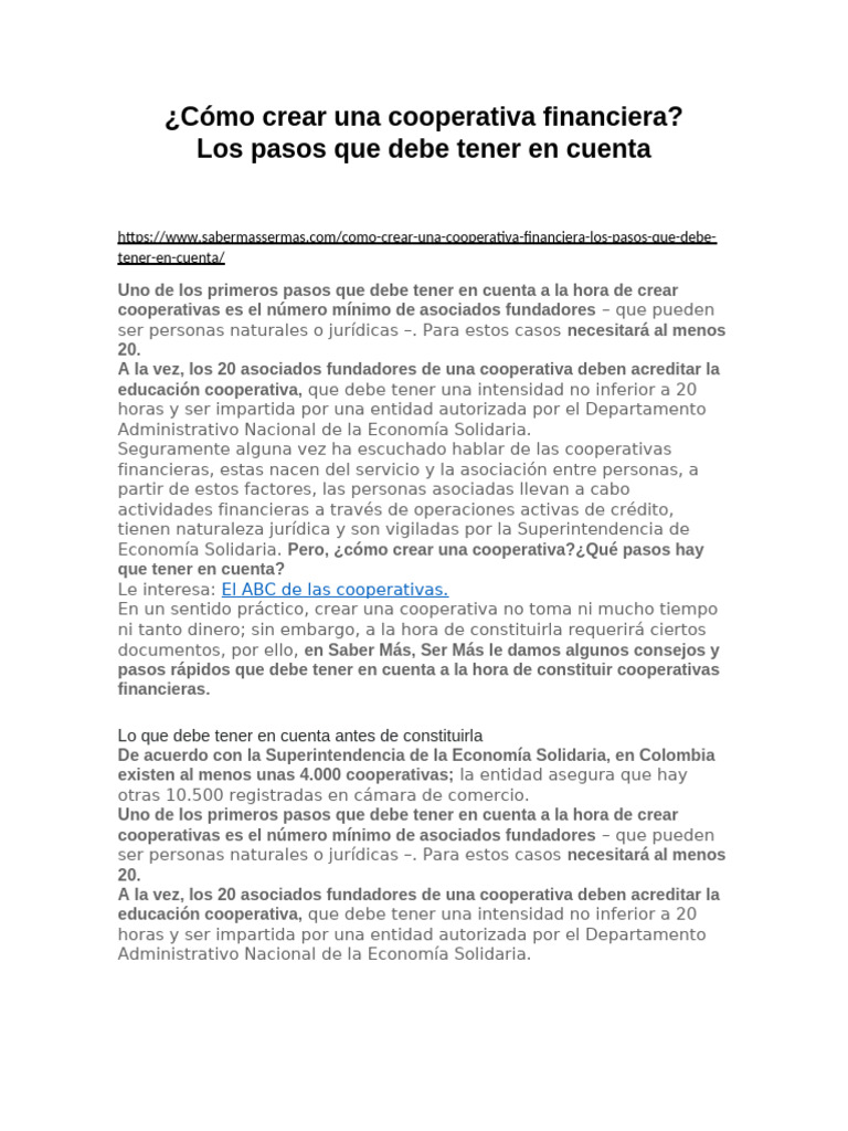 Pasos para crear una cooperativa financiera | PDF | Cooperativa ...
