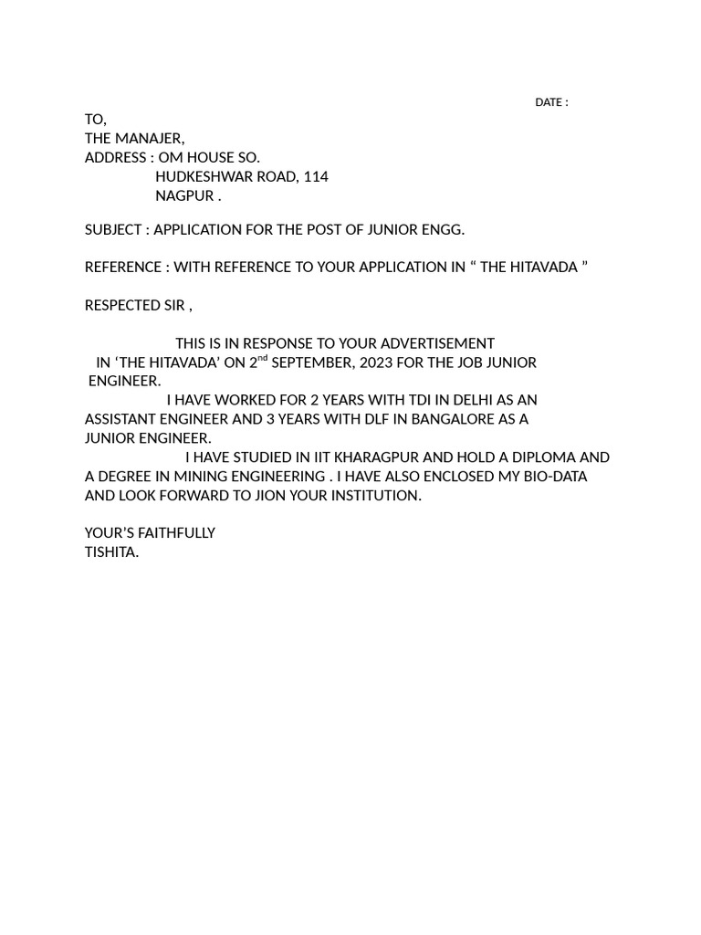 Junior Engineer Job Application Letter | PDF