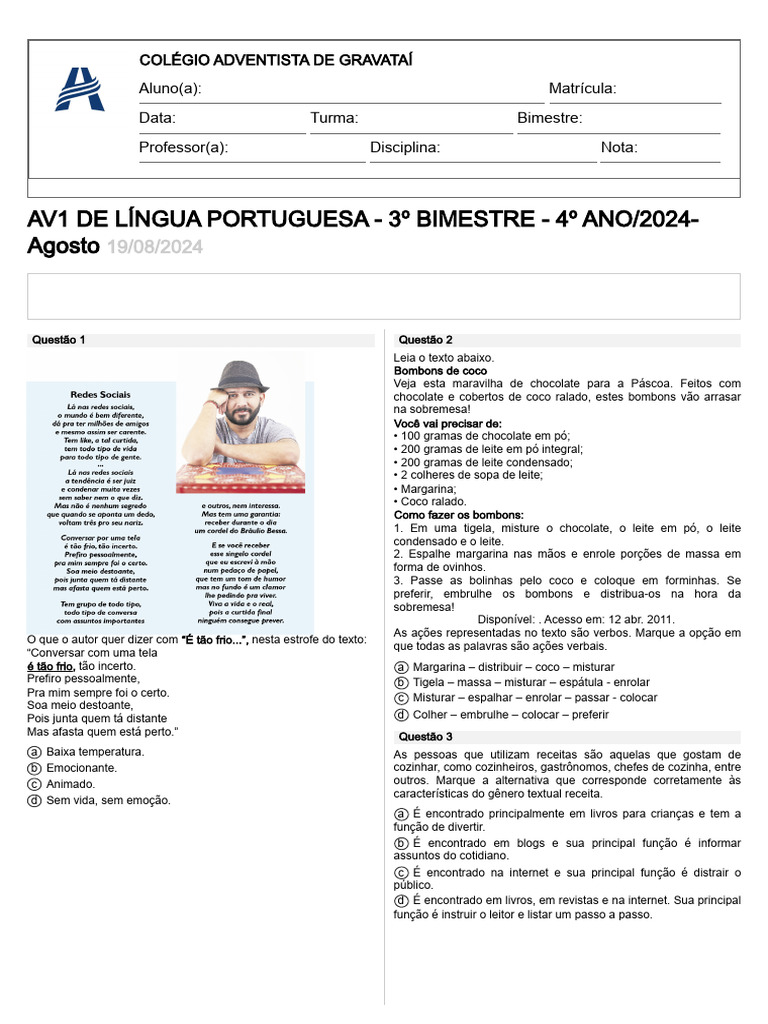 Avaliação de Língua Portuguesa 4º Ano | PDF | Chocolate