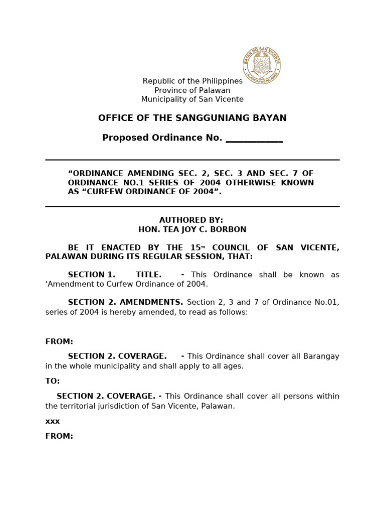 Proposed Ordinance Amending Curfew Hours Ordinance | PDF | Local ...