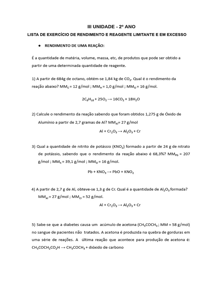 Exercícios de Rendimento e Reagentes Limitantes | PDF | Reações ...