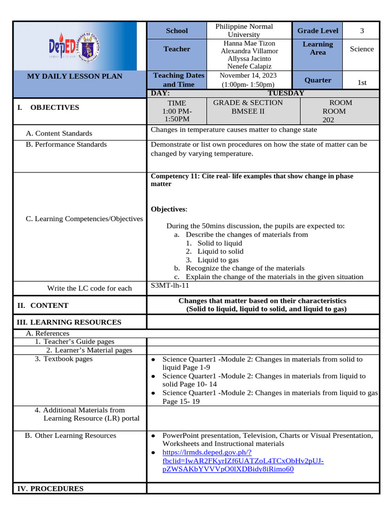 Grade 3 Science Lesson Plan: Matter Changes | PDF | Teachers | Gases