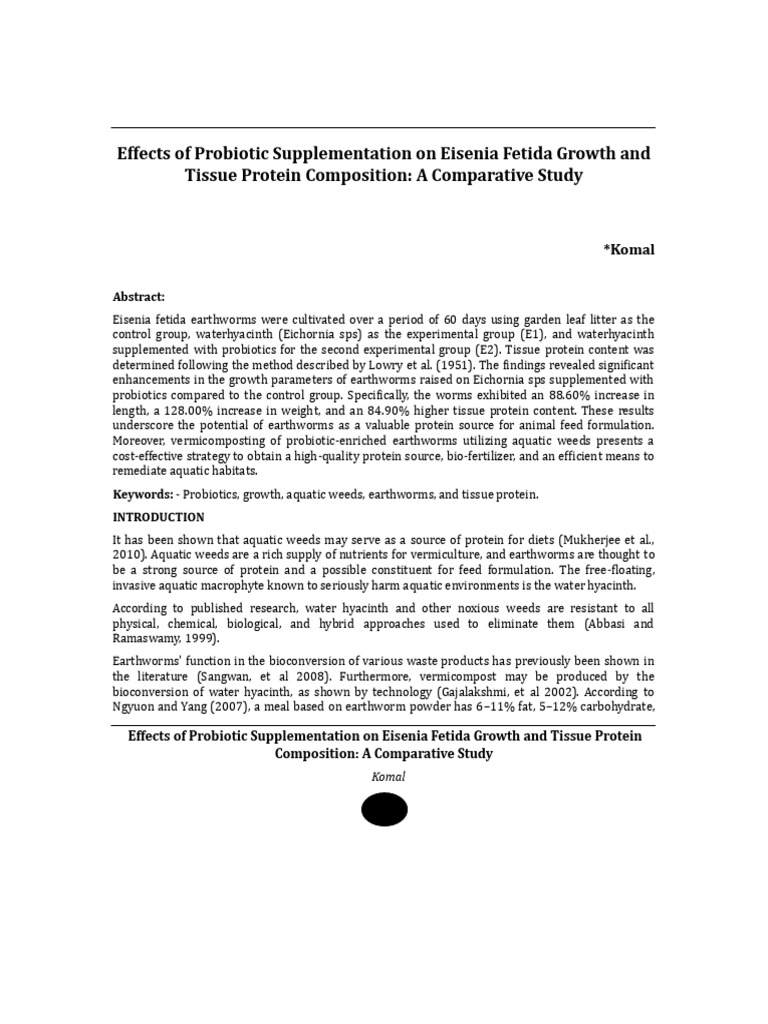 Effects of Probiotic Supplementation On Eisenia Fetida Growth and ...