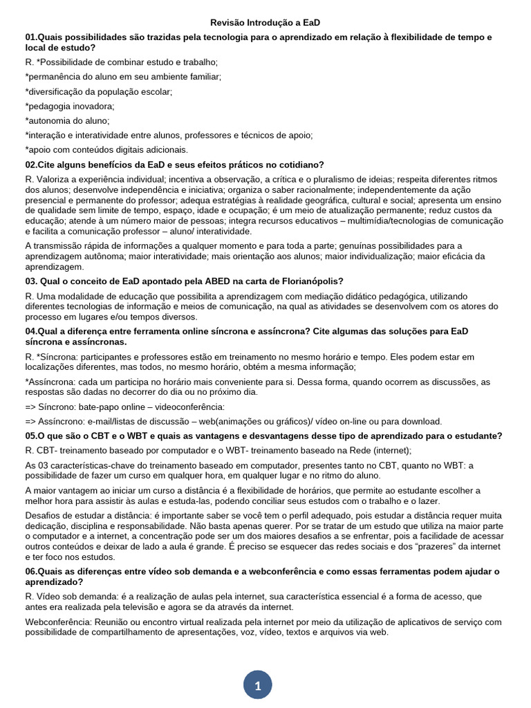 Revisão Introdução a EaD | PDF | Educação à distância | Aprendizado