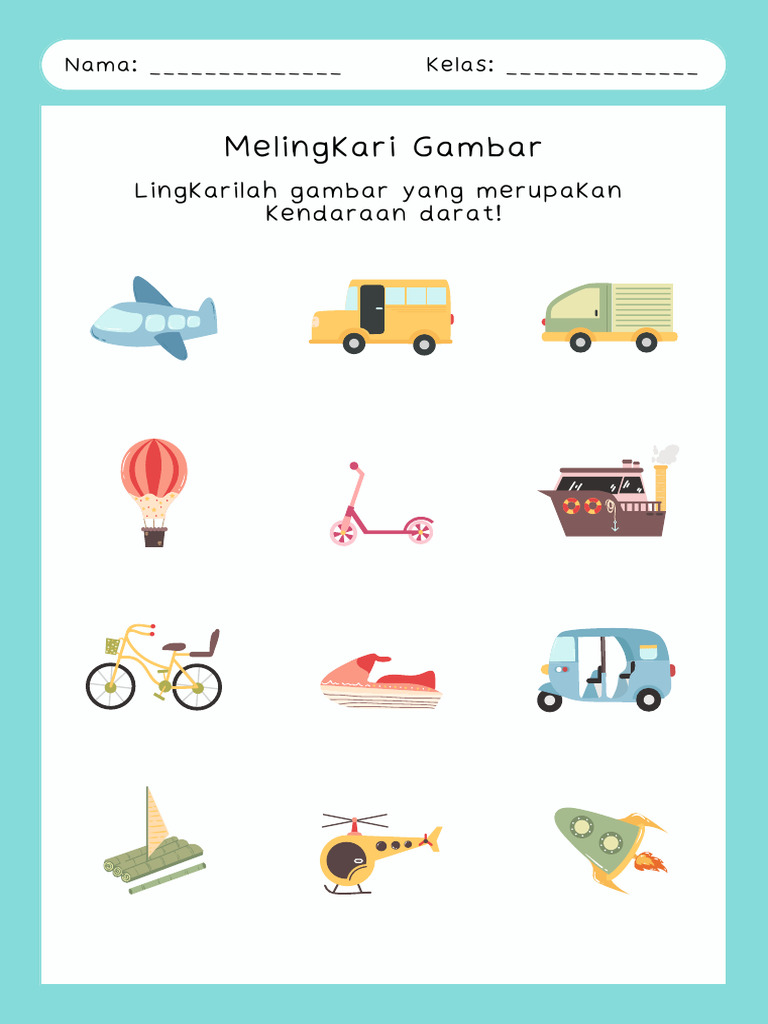 Lembar Kerja Melingkari Gambar Kendaraan Darat Ilustrasi Biru Putih | PDF
