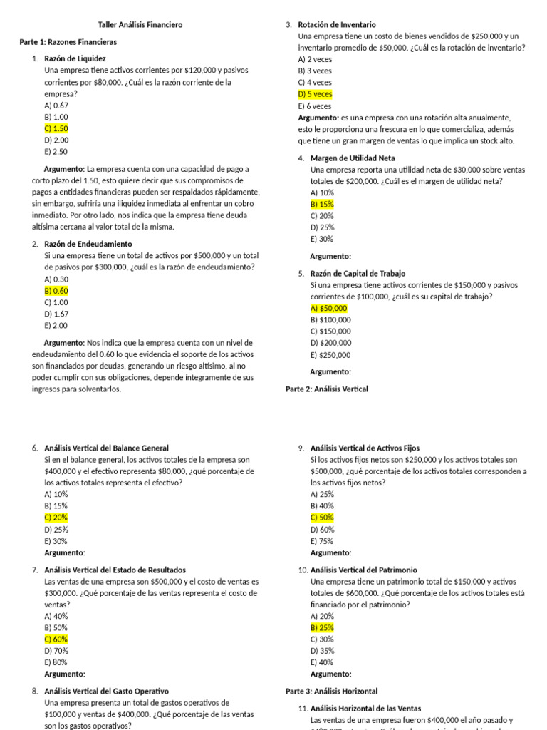 Taller Análisis Financiero | PDF | Capital de trabajo | Economía Financiera