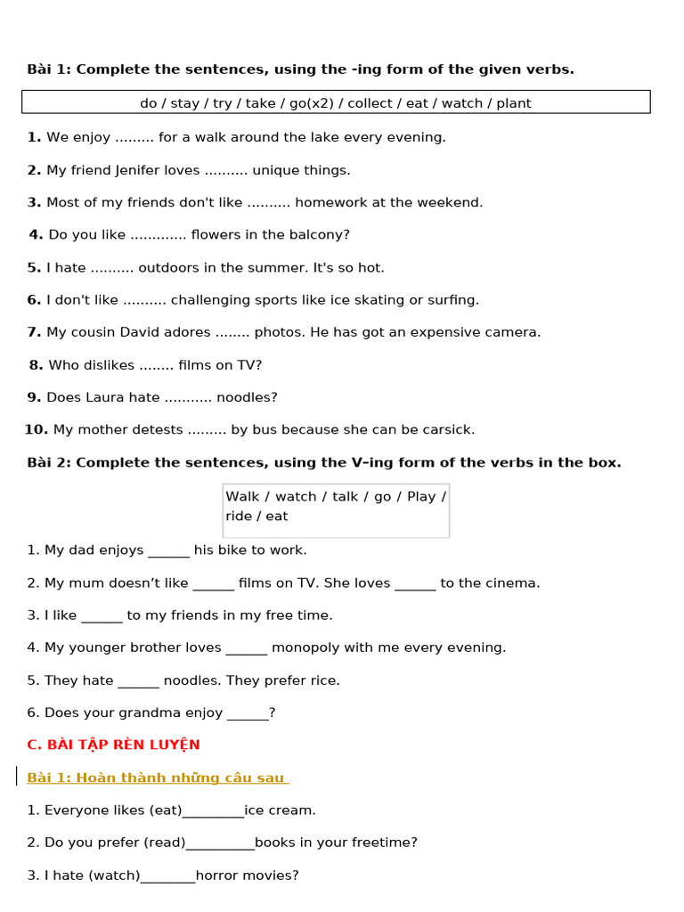 V-ing Form Grammar Exercises | PDF