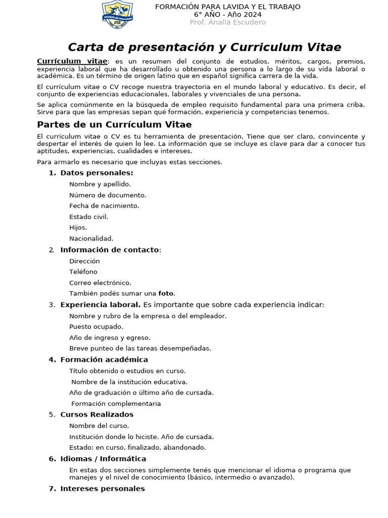 Carta de presentación y Curriculum Vitae | PDF
