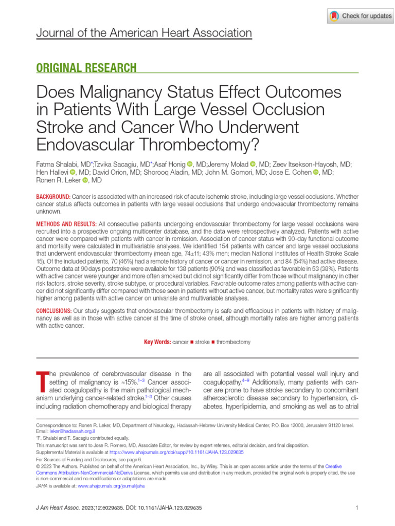 Does Malignancy Status Effect Outcomes in Patients With Large Vessel ...