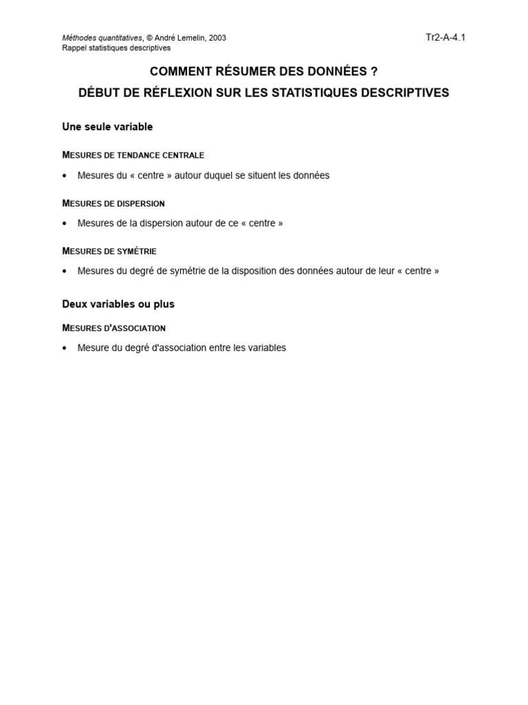 Statistiques descriptives et résumés de données | PDF | Statistique ...