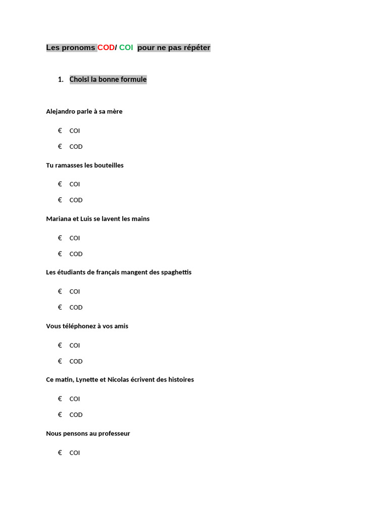 Les Pronoms Cod Et Coi | PDF | Arts du langage et discipline