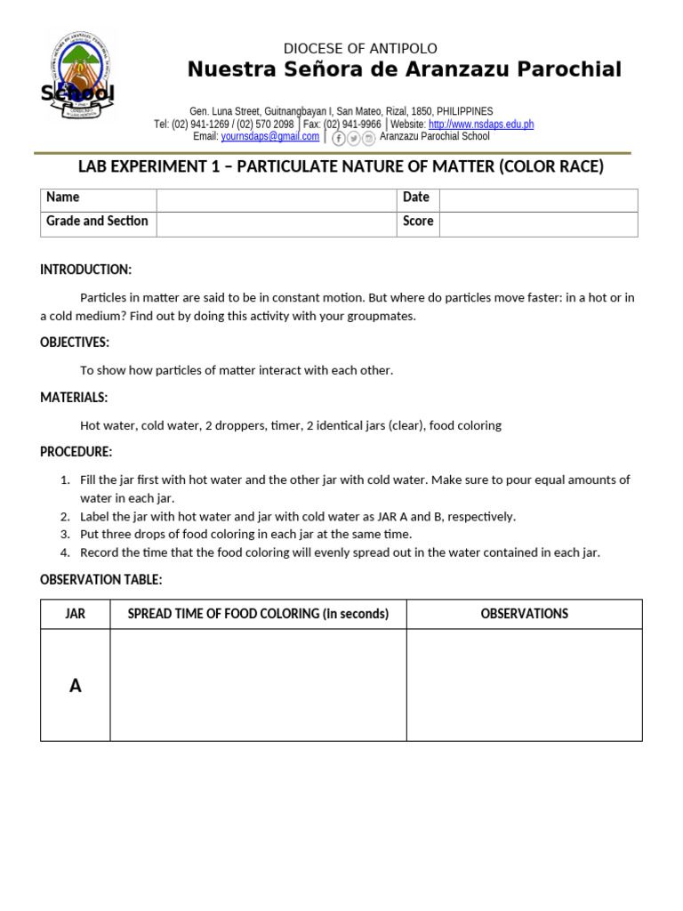 Particulate Nature of Matter Lab Experiment | PDF | Cooking, Food ...