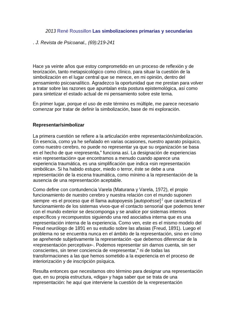 2013 Rene Roussillon Las simboliza ciones primarias y secundarias | PDF ...
