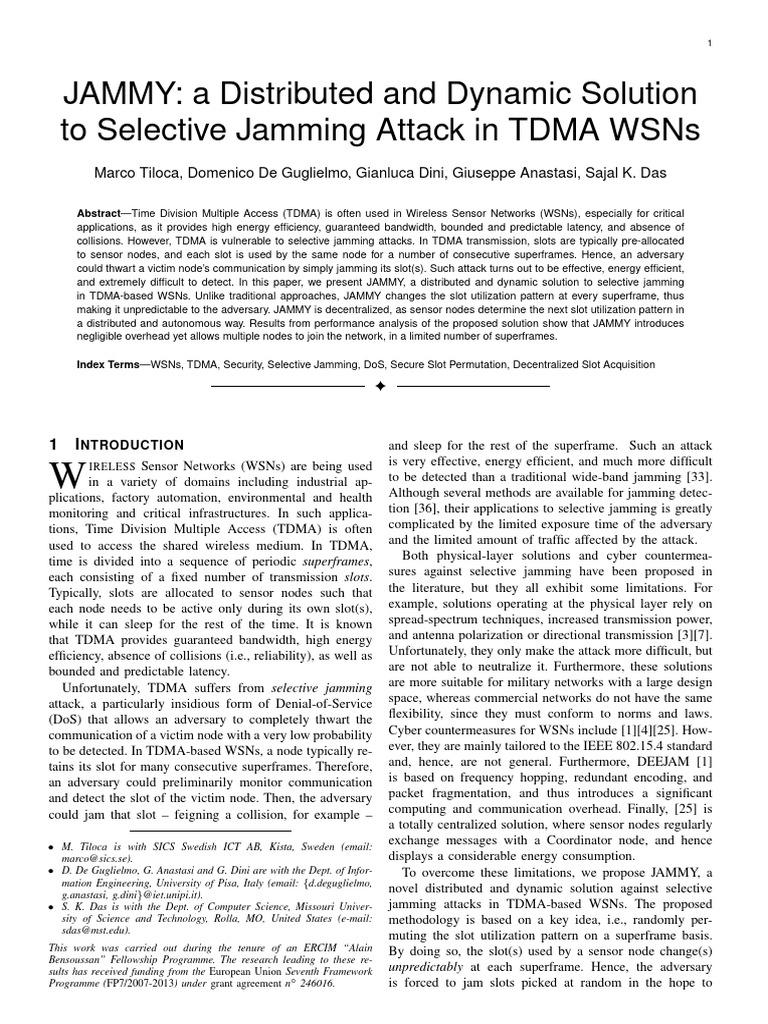 JAMMY: Defense Against Jamming in TDMA WSNs | PDF | Wireless Sensor ...