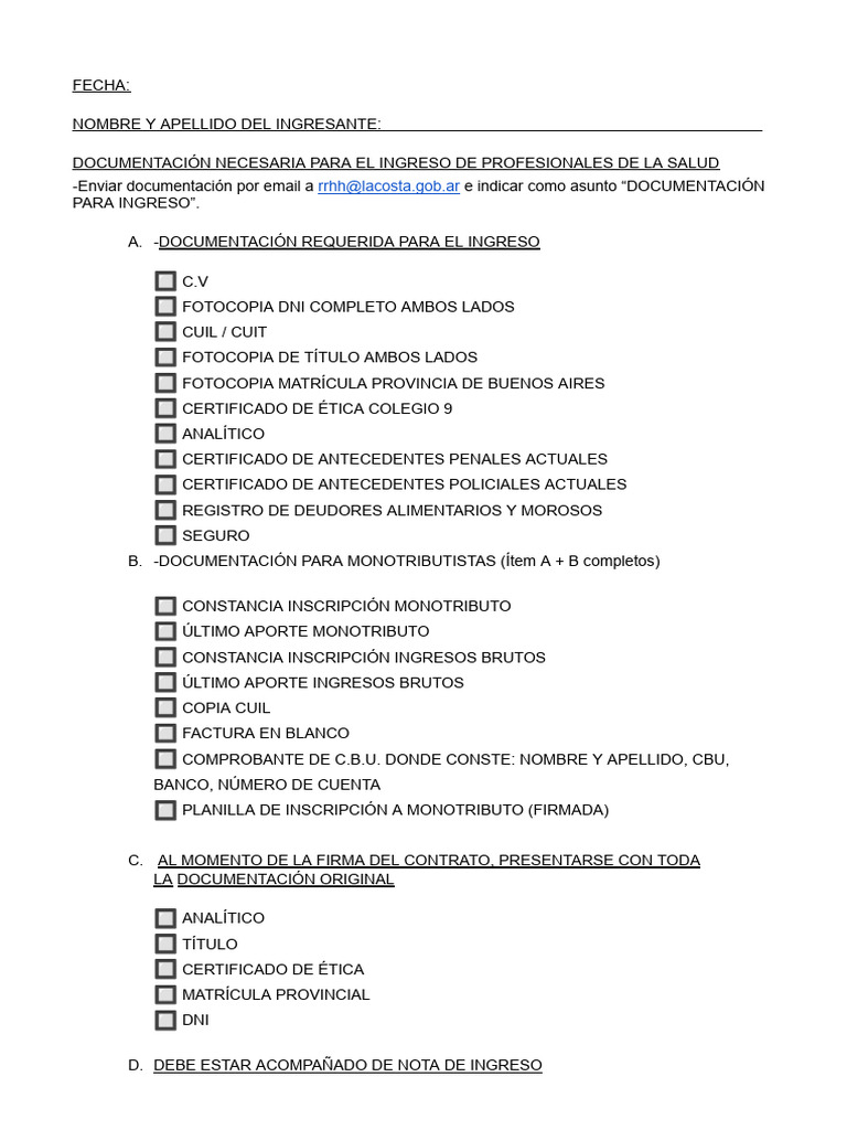 Planilla doc para ingreso de profesionales de la salud pdf