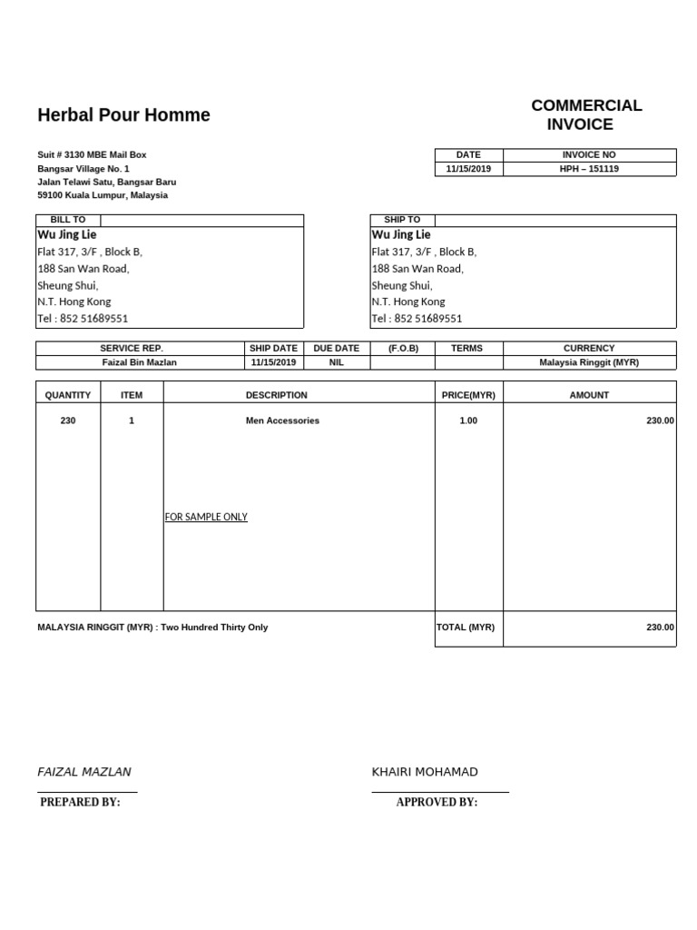 Wung Express Invoice for Herbal Pour Homme | PDF