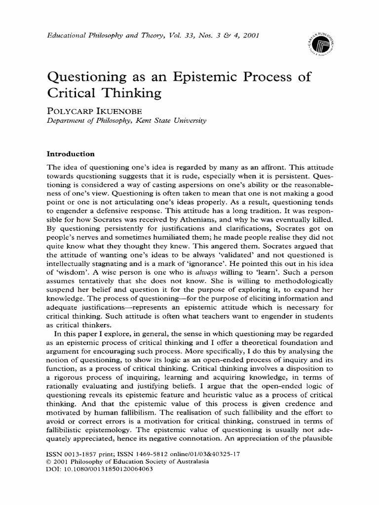 Questioning As An Epistemic Process of Critical Thinking | PDF ...