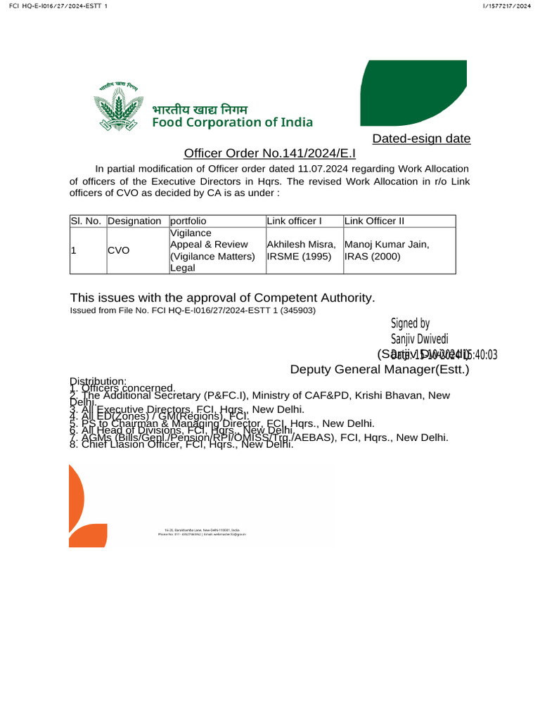 Revised Work Allocation for FCI Officers | PDF
