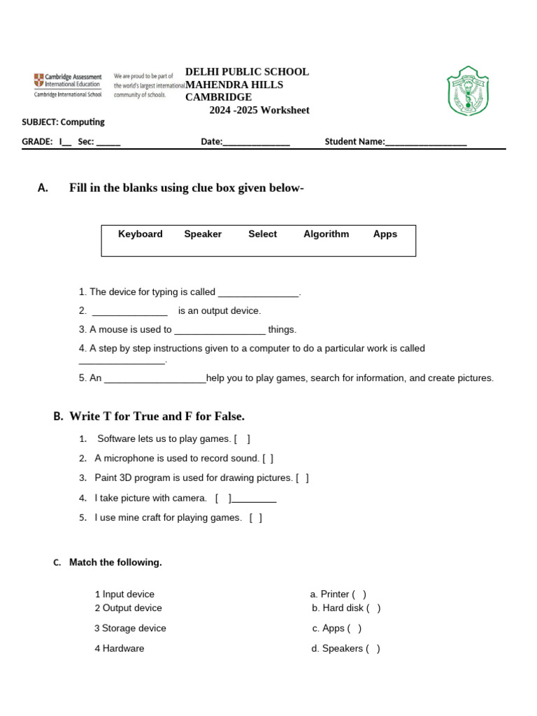 Worsheet for Class 1 Camb Computing PDF Computer Hardware Input