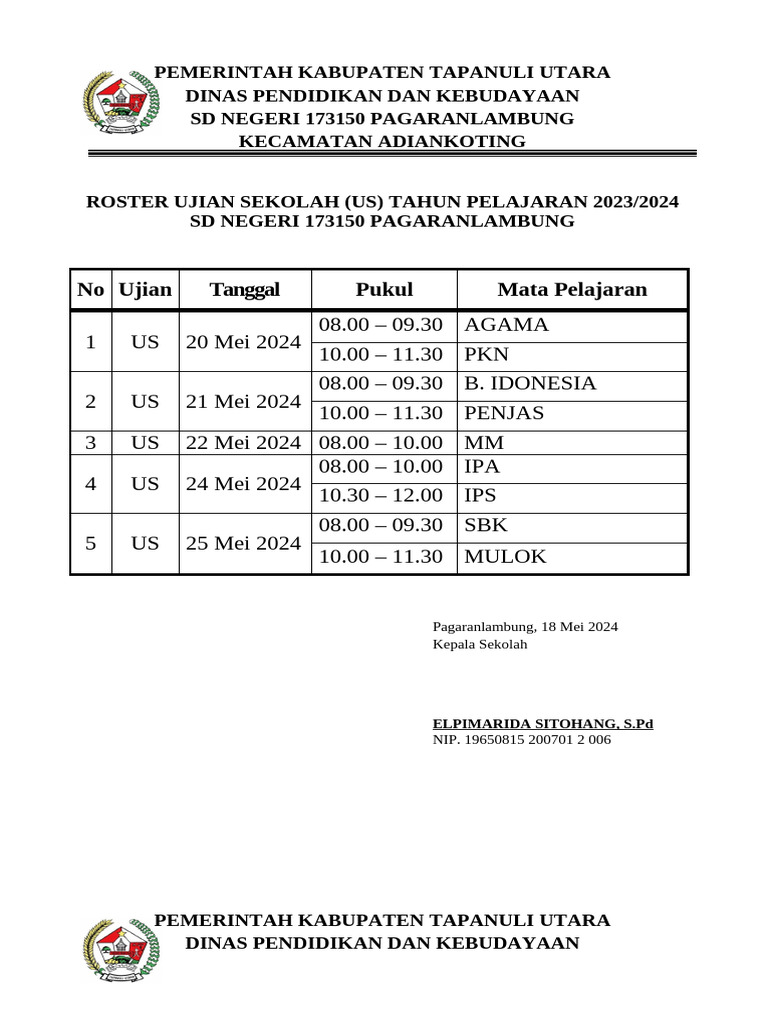 Roster Ujian Sekolah SD 173150 2024 | PDF