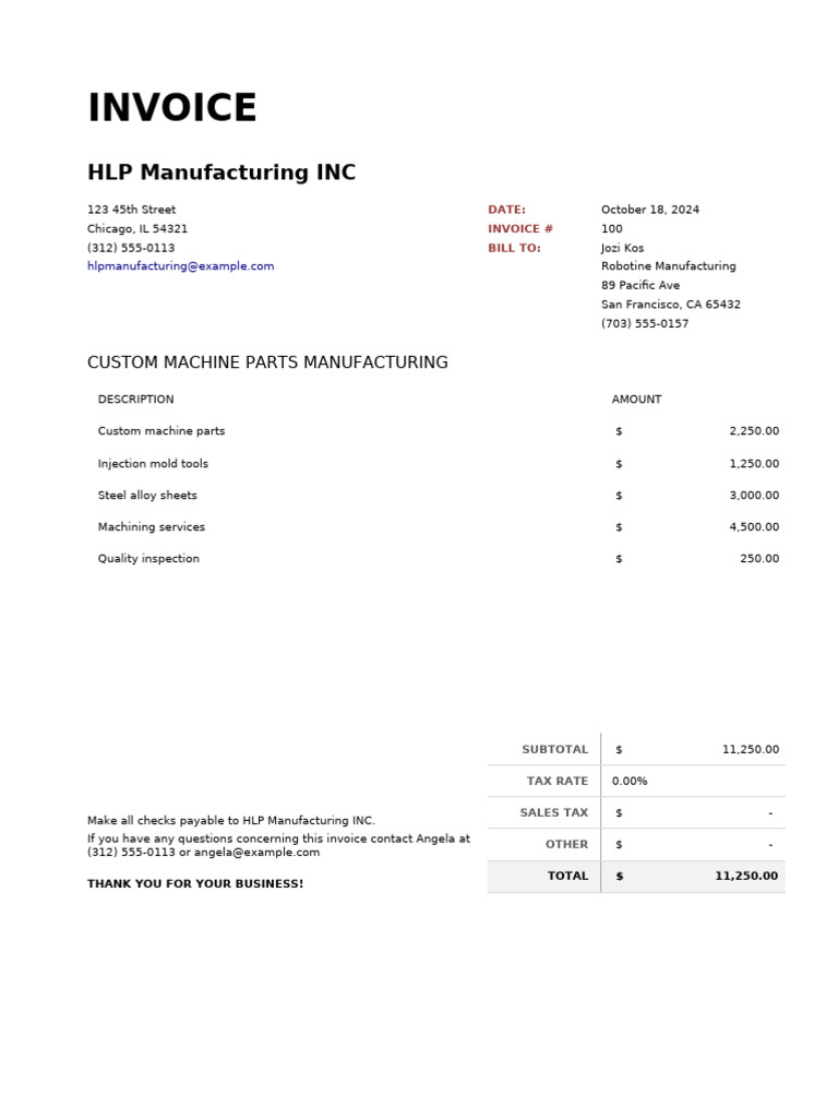 Invoice #100 for Custom Parts | PDF