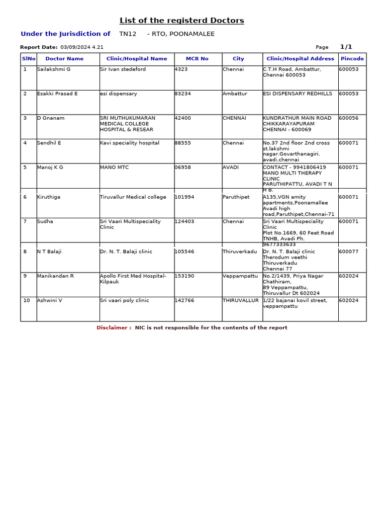 RTO-Approved Doctors in Poonamallee | PDF