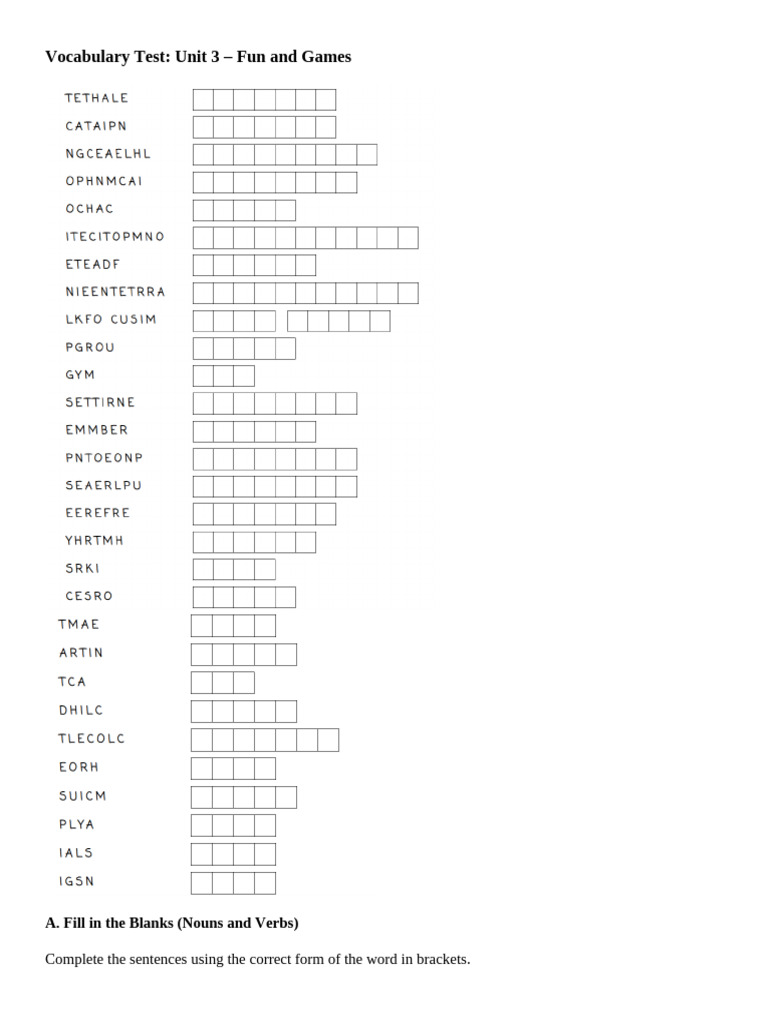 Vocabulary test unit 3 fun and games a fill in the blanks nouns