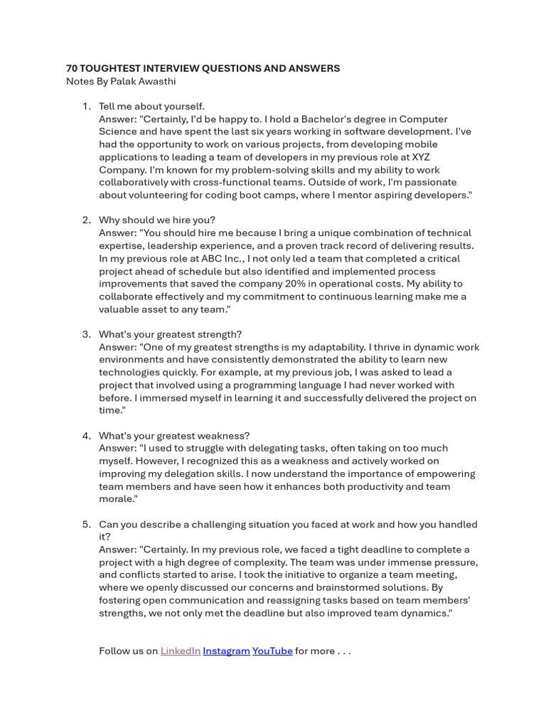 Toughest Interview Questions & Answers | PDF | Leadership | Mentorship