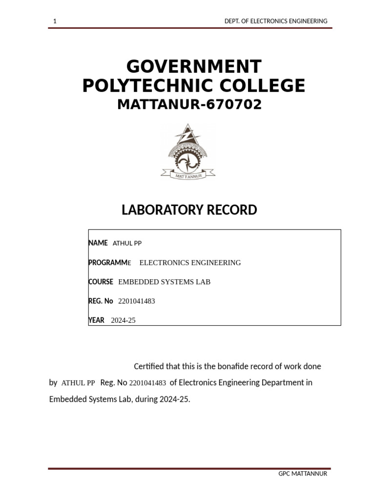 Embedded Systems Lab Record 2024-25 | PDF | Electric Motor | Relay