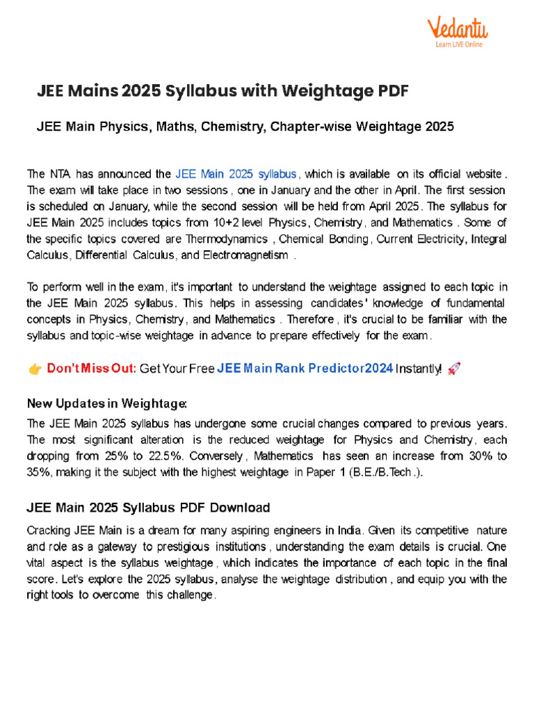 JEE Mains 2025 Syllabus With Weightage PDF | PDF