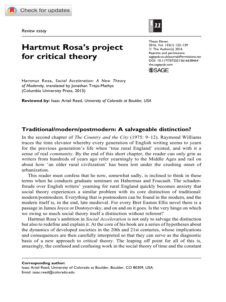 Reed - 2016 - Hartmut Rosa's Project For Critical Theory | PDF ...