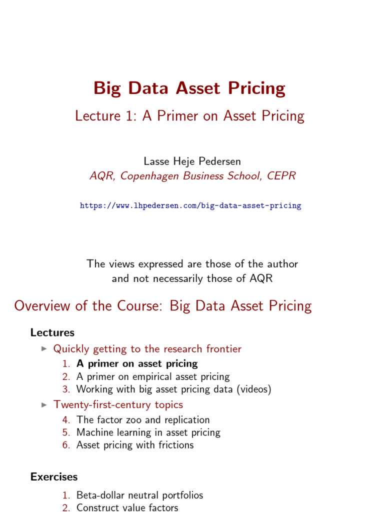 Asset Pricing Theory Lecture Notes