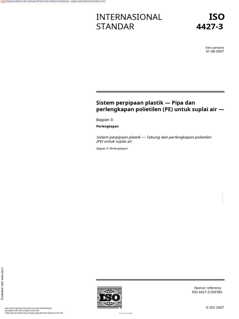 Standar ISO 4427-3: Perlengkapan PE | PDF