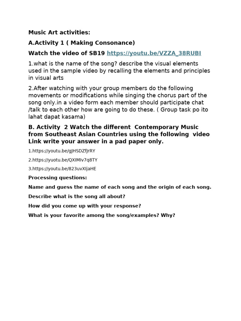 Grade 7 Music Art Activities Guide | PDF