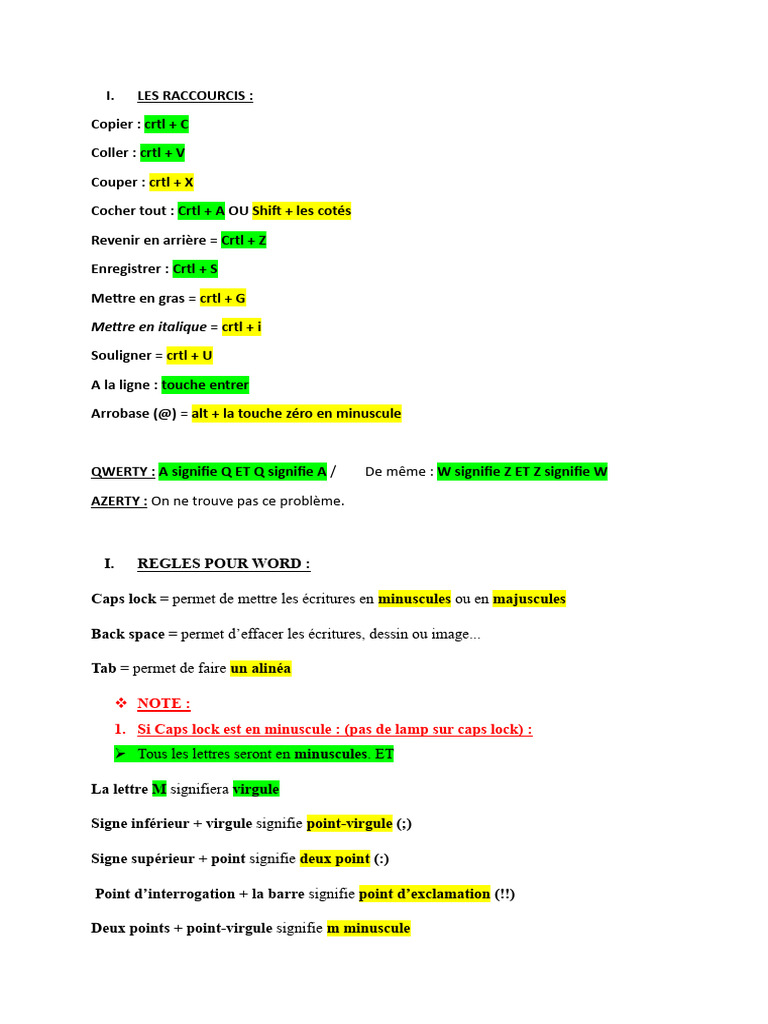 Raccourcis Clavier et Signe Inférieur | PDF