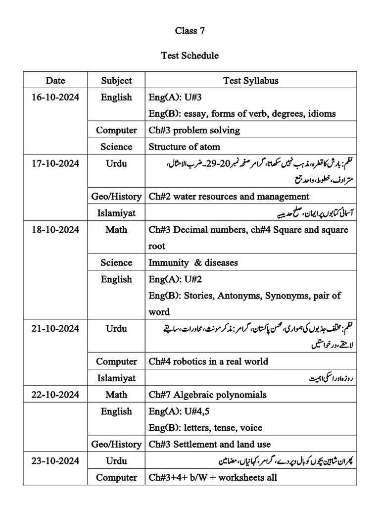 Class 7 Test Schedule | PDF