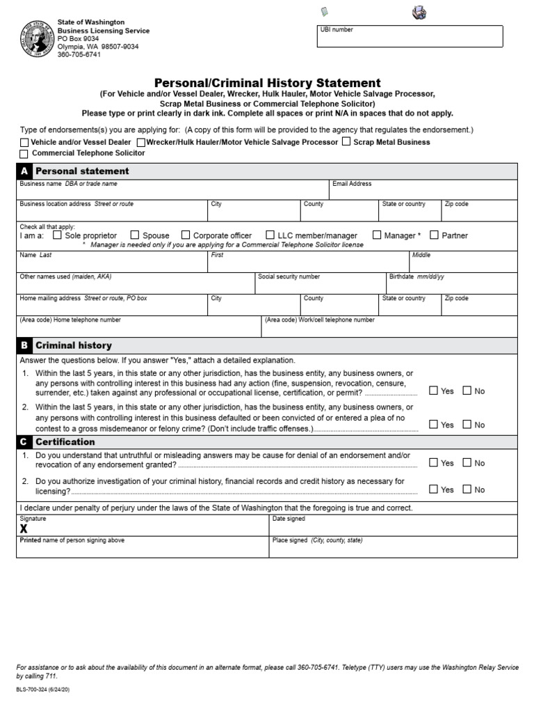 Washington Personal History Statement Form | PDF | Justice | Crime ...