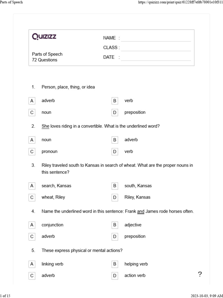 Parts of Speech Quiz with Answers | PDF | Part Of Speech | Adverb