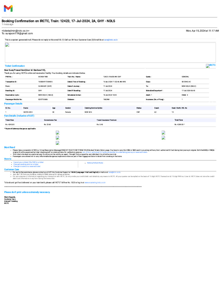 IRCTC Train Booking Confirmation Email | PDF | Service Industries