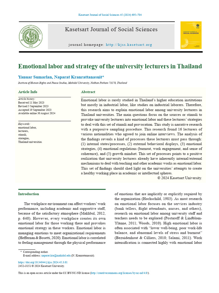 Emotional Labor and Strategy of The University Lecturers in Thailand ...