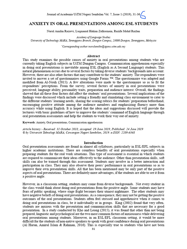 Anxiety in Oral Presentations Among ESL Students | PDF | Public ...