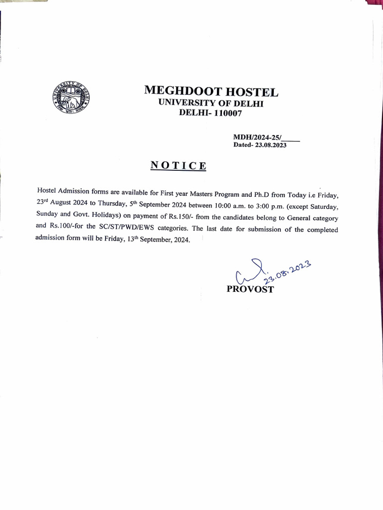 Hostel Admission Form Notice 2024 | PDF