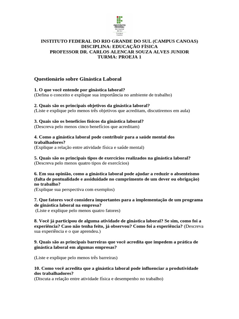 QuestionÃ¡rio Sobre GinÃ¡stica Laboral - PROEJA 1. | PDF | Ginástica