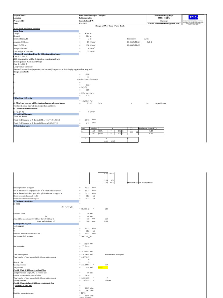 Over head water tank | PDF | Civil Engineering | Building Engineering