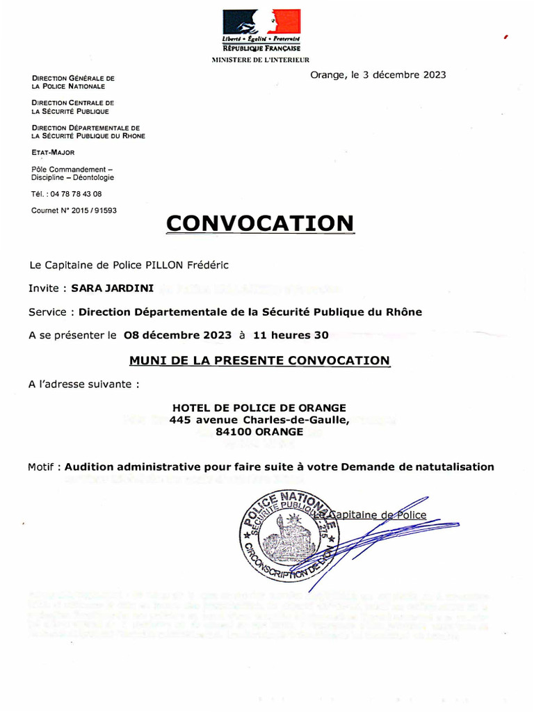 Convocation Audition Administrative Police | PDF