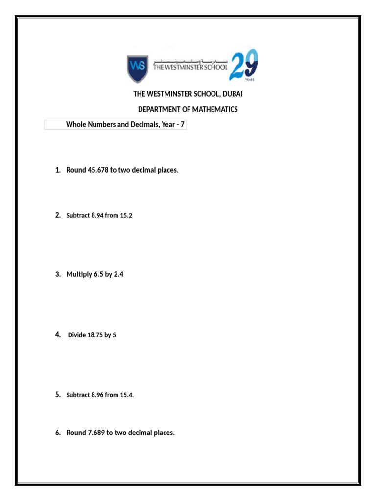 Year 7 Math: Whole Numbers & Decimals | PDF | Teaching Methods & Materials