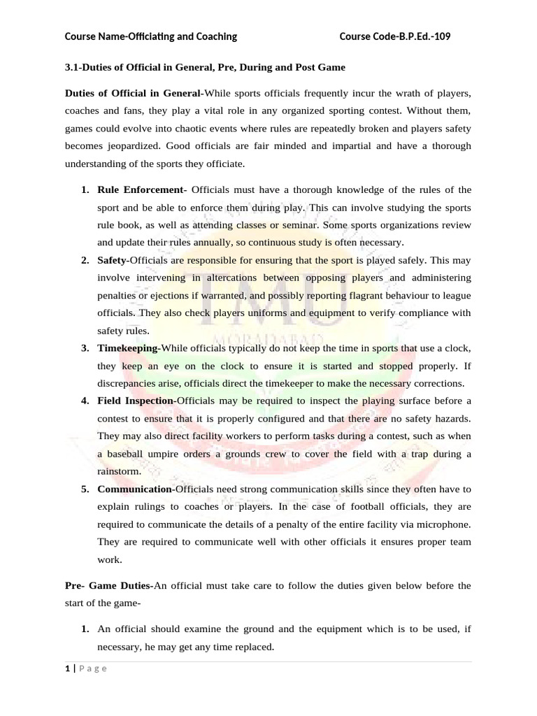 Duties of Sports Officials Pre, During, Post | PDF | Sports