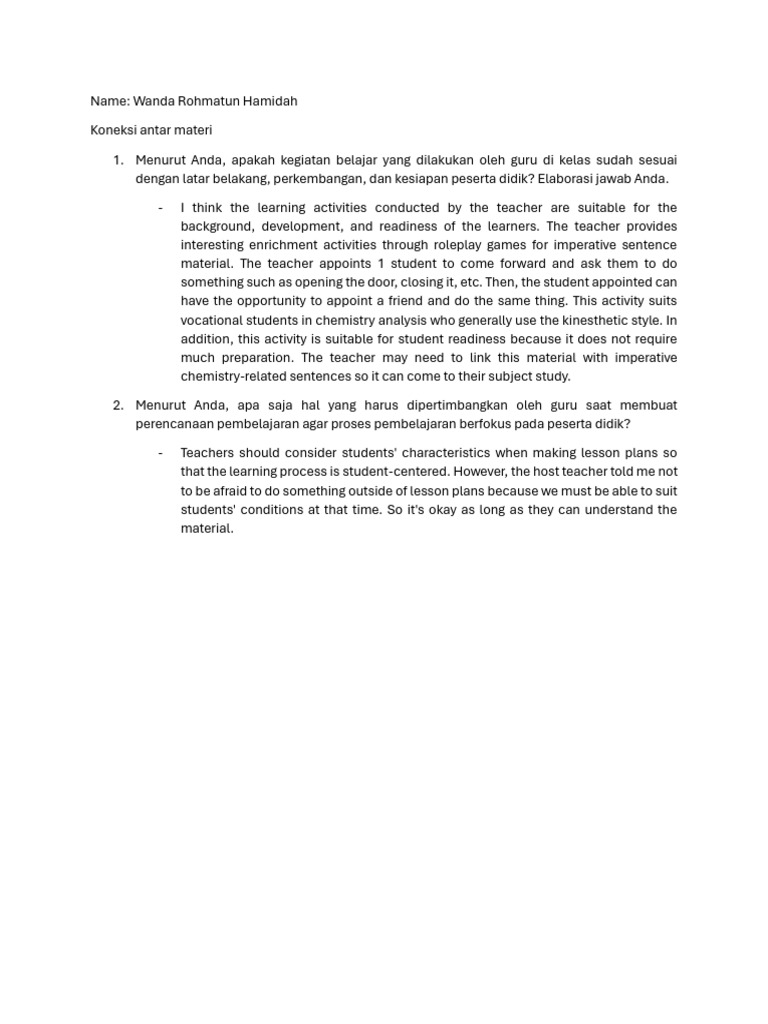 Topik 1 Koneksi Antar Materi Pemahaman Peserta Didik Dan